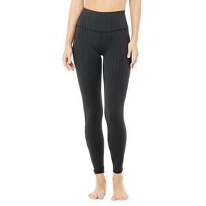 Alo Yoga Black Gray Pinstripe Elongating Leggings Size Medium High Rise Logo